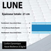 Matelas Lune en mousse haute résilience 35 kg/m3 - Epaisseur 21 cm, soutien dynamique et équilibré, tissu respirant