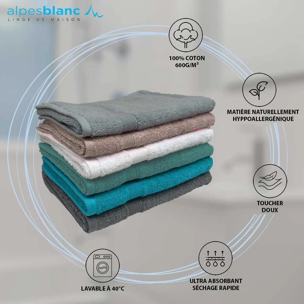 Lot de 5 serviettes éponge 600 g/m² vert sauge - 100% coton, ultra absorbantes, douceur premium et tenue des couleurs