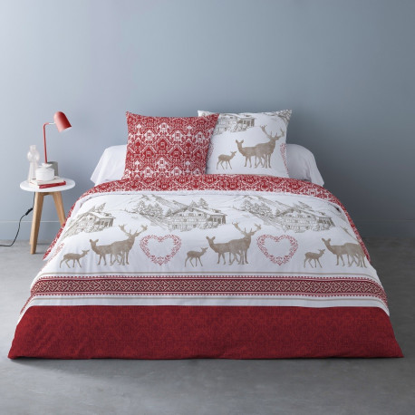 Alpes Blanc Housse de Couette 220x240 Montagne Winter Rouge