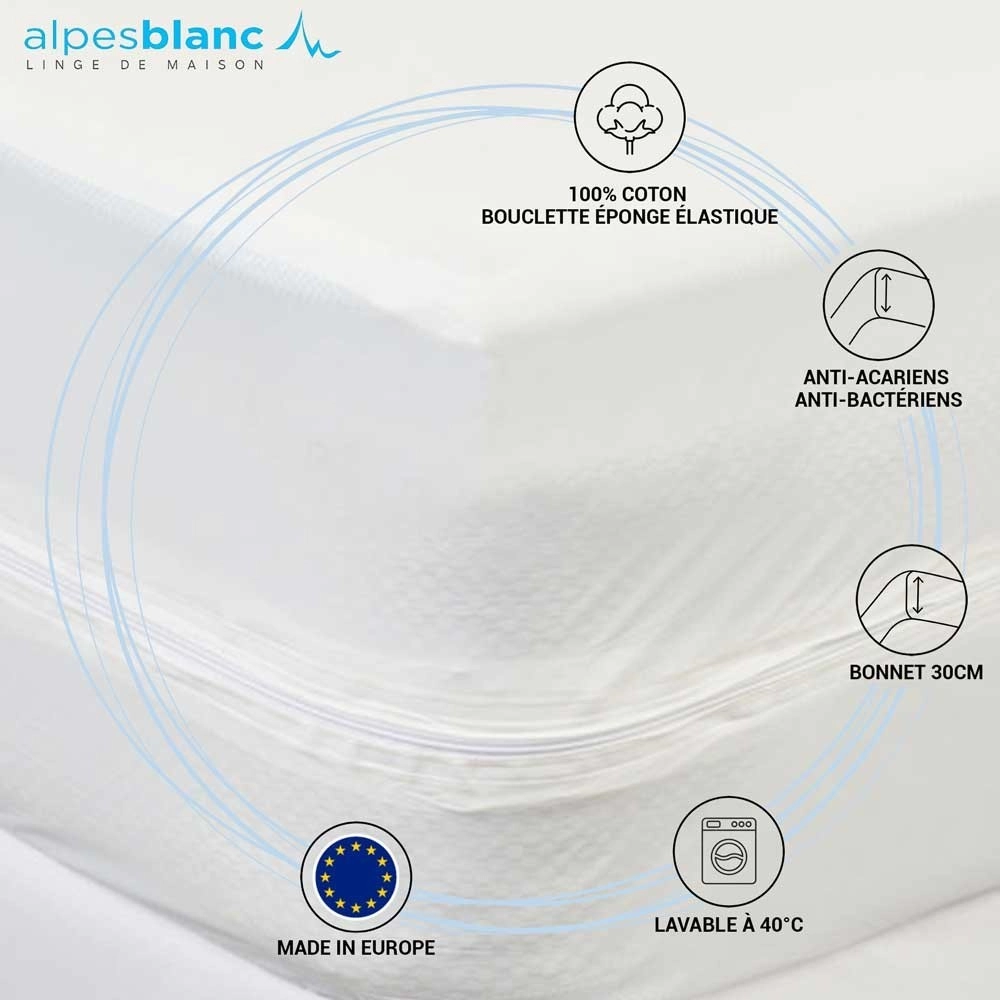 Housse intégrale Matelas - Anti-bactérienne et Anti-acariens - 100% pur coton - Fermeture zippée - Bonnet 30cm
