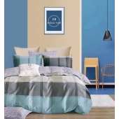 Housse de couette réversible à  carreaux bleu et gris percale de coton 220x240 cm + 2 taies carrées