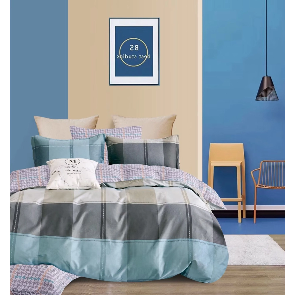 Housse de couette réversible à  carreaux bleu et gris percale de coton 220x240 cm + 2 taies carrées