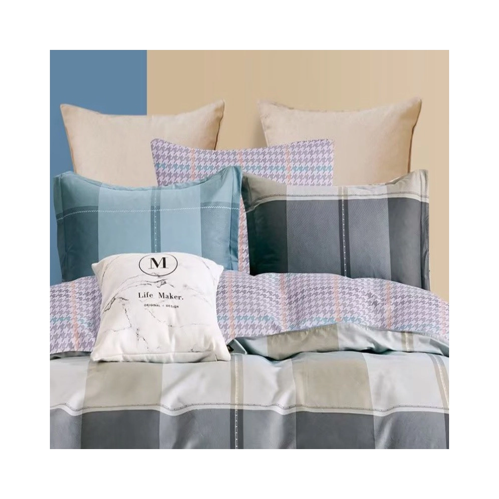 Housse de couette réversible à  carreaux bleu et gris percale de coton 220x240 cm + 2 taies carrées