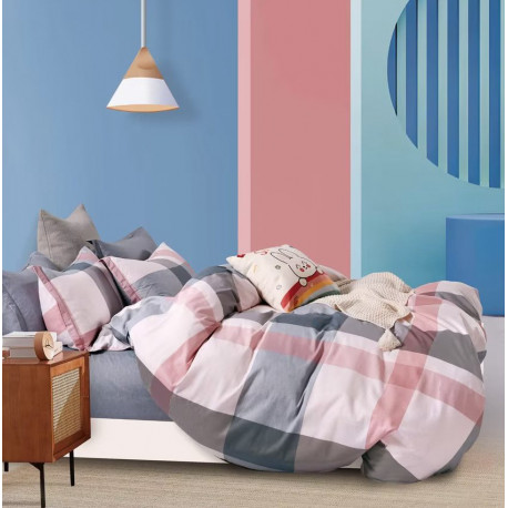 Housse de couette percale de coton carreaux bleu et rose