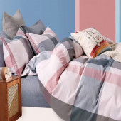 Zoom taies housse de couette percale de coton carreaux bleu et rose