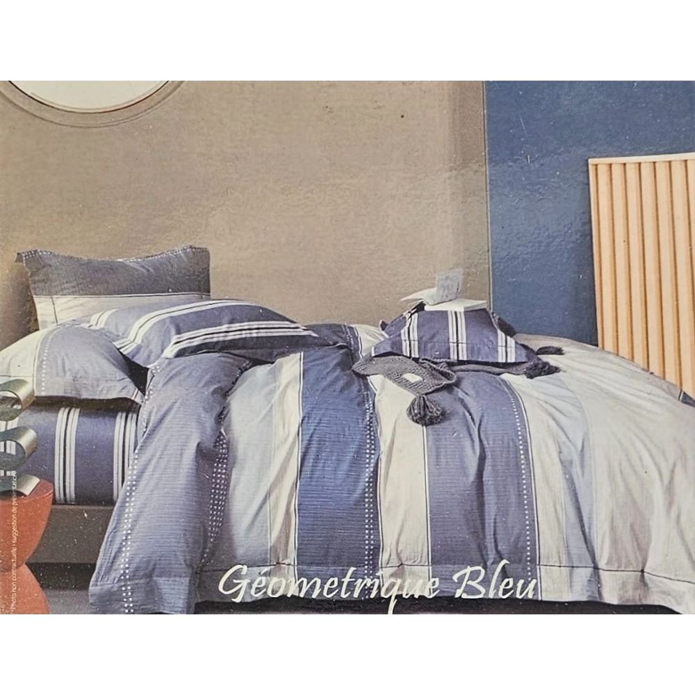 Parure de Draps 160 cm 4 pièces 100% Coton Géométrique Bleu