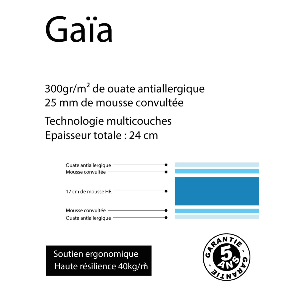 Matelas Gaïa haute résilience - Accueil souple et maintien ferme, épaisseur 24 cm, technologie multicouches, antiallergique