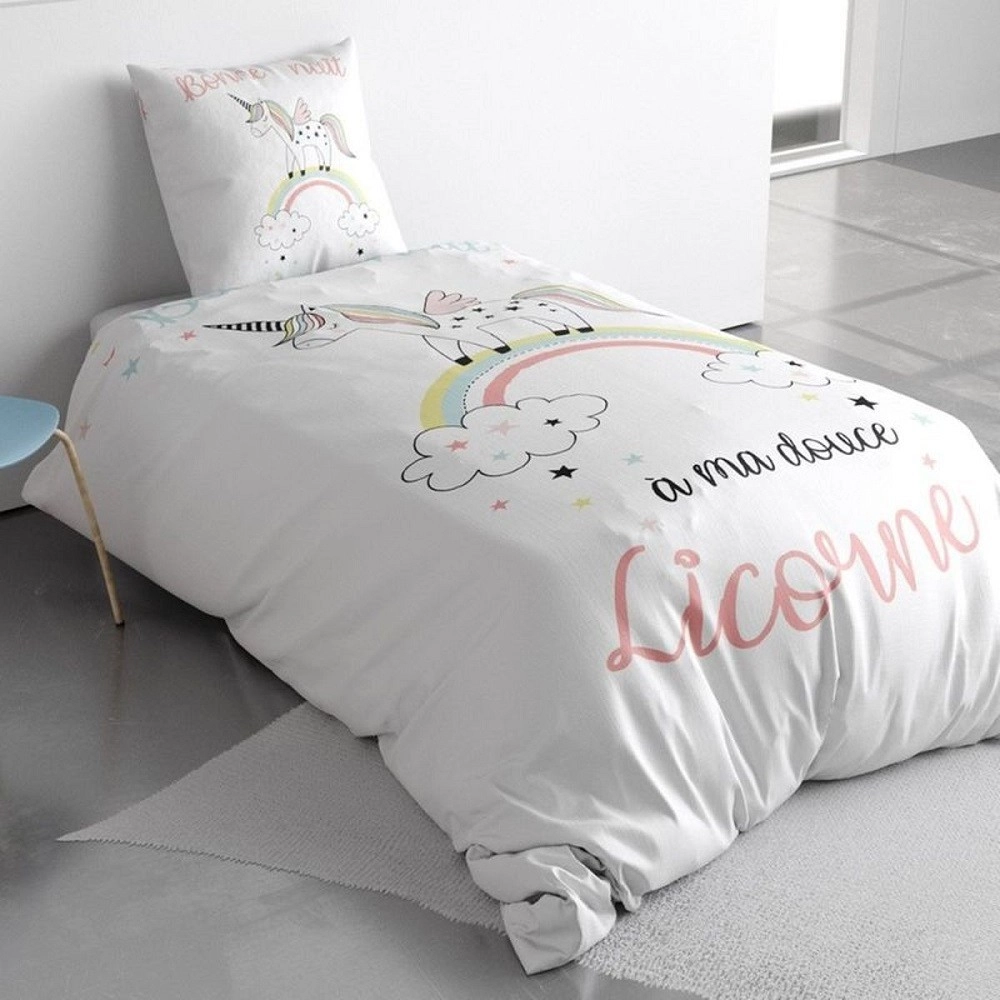 Housse de couette Majesty motifs licorne et arc-en-ciel 140x200 cm + taie 100% coton