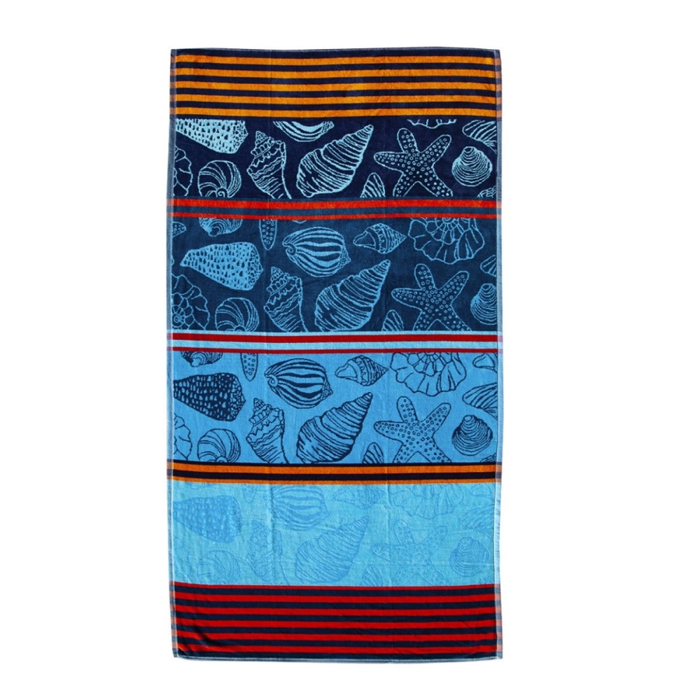 Serviette de plage coquillages bleue & rouge 90x170 cm 100% coton