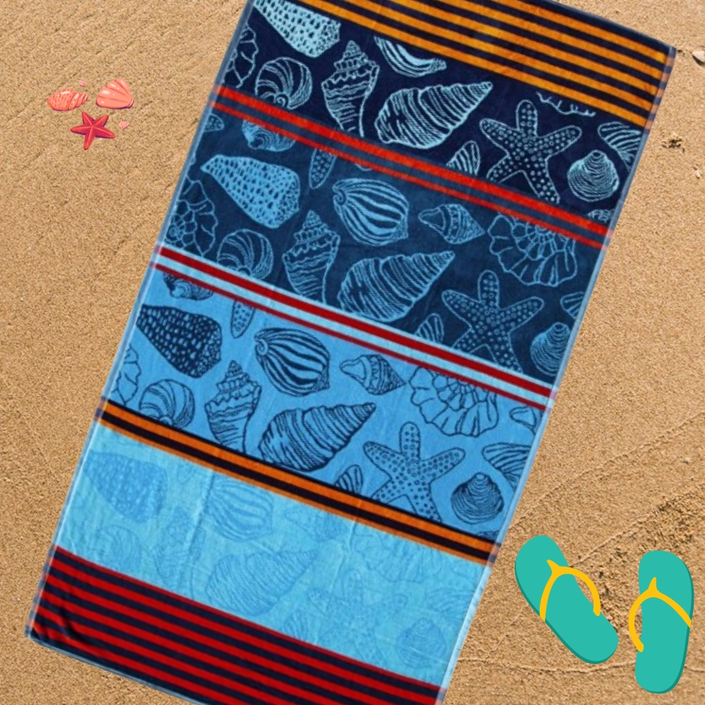 Serviette de plage coquillages bleue & rouge 90x170 cm 100% coton