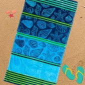 Serviette de plage coquillages bleue & verte 90x170 cm 100% coton