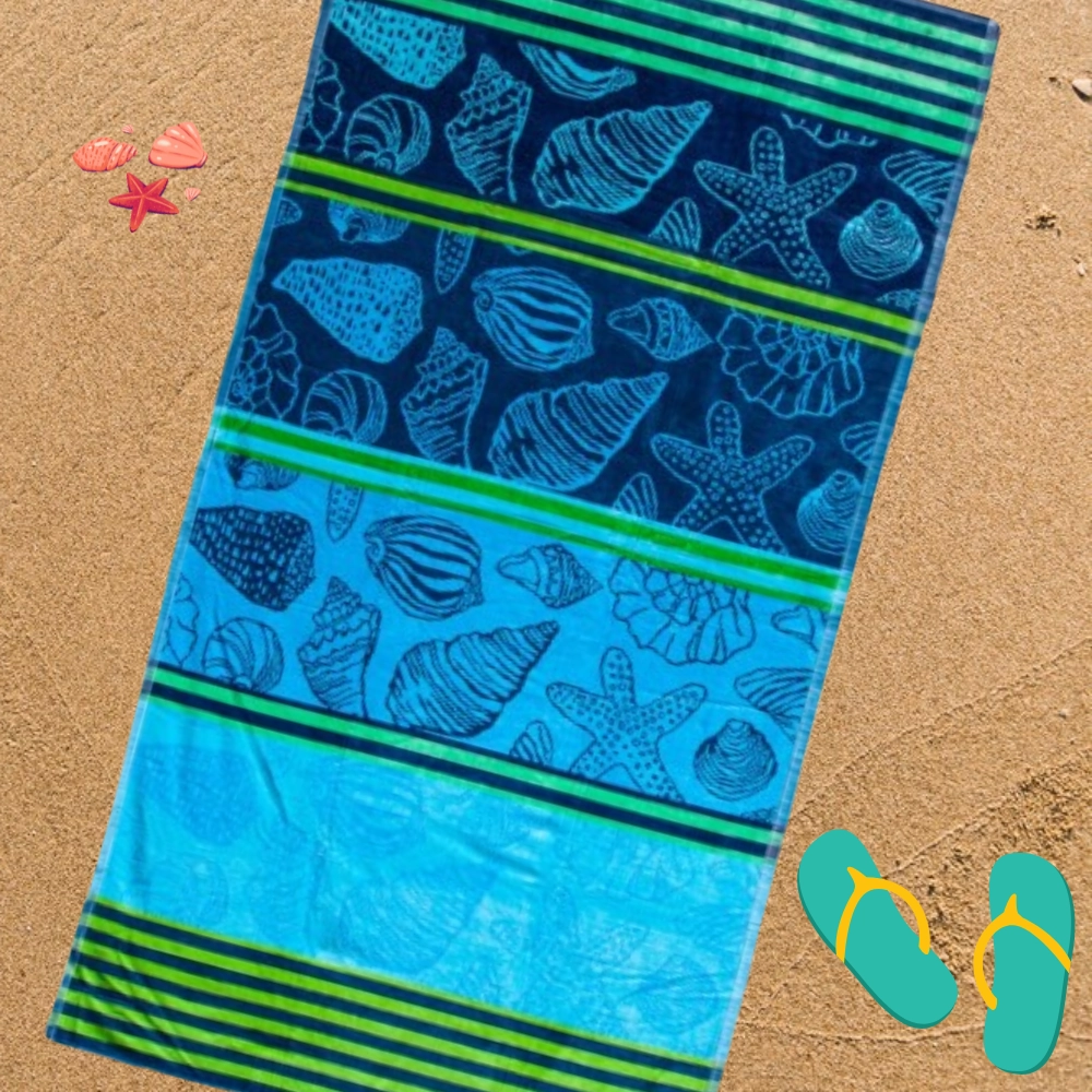 Serviette de plage coquillages bleue & verte 90x170 cm 100% coton
