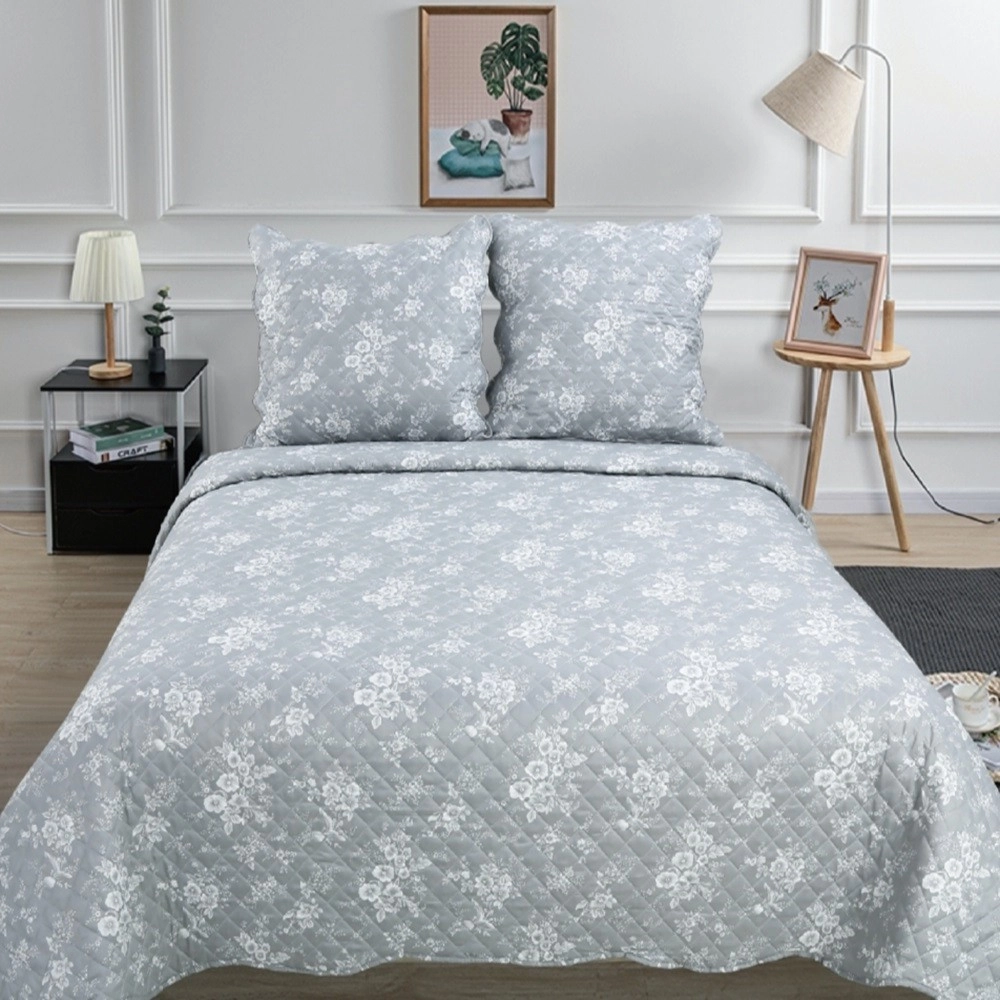 Couvre-lit gris floral 220x240cm + 2 taies 65x65cm