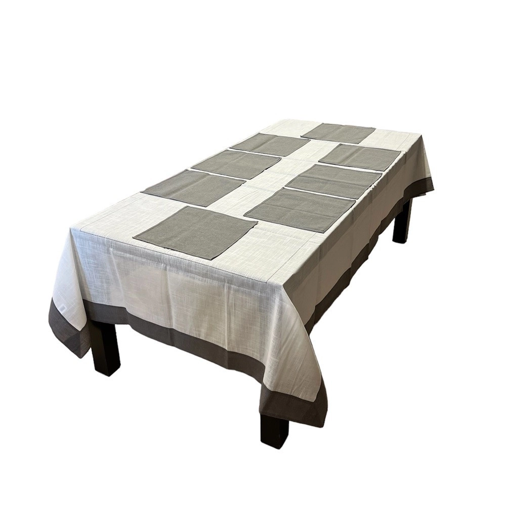 Nappe Brodée Gris Blanc 180x300 cm + 12 serviettes assorties