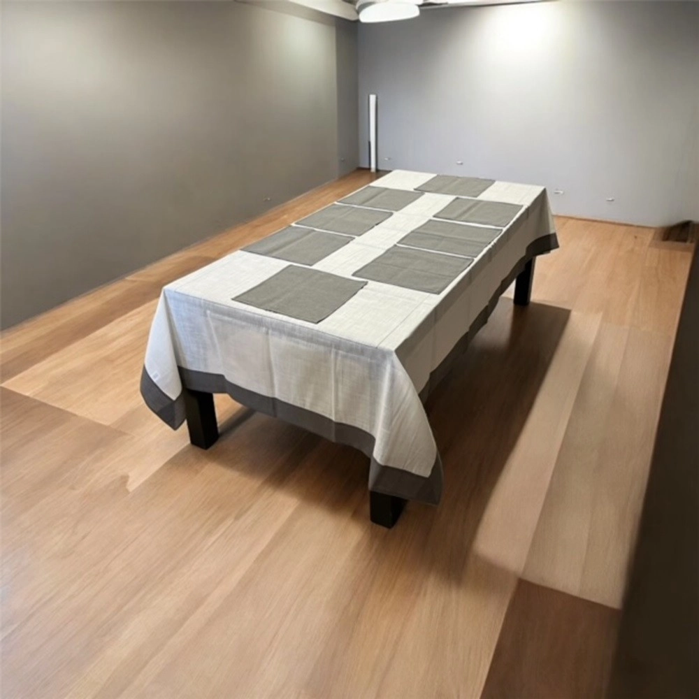 Nappe Brodée Gris Blanc 180x300 cm + 12 serviettes assorties