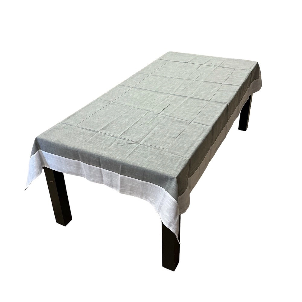 Nappe Brodée Blanc Gris - 160x250 cm + 8 serviettes assorties