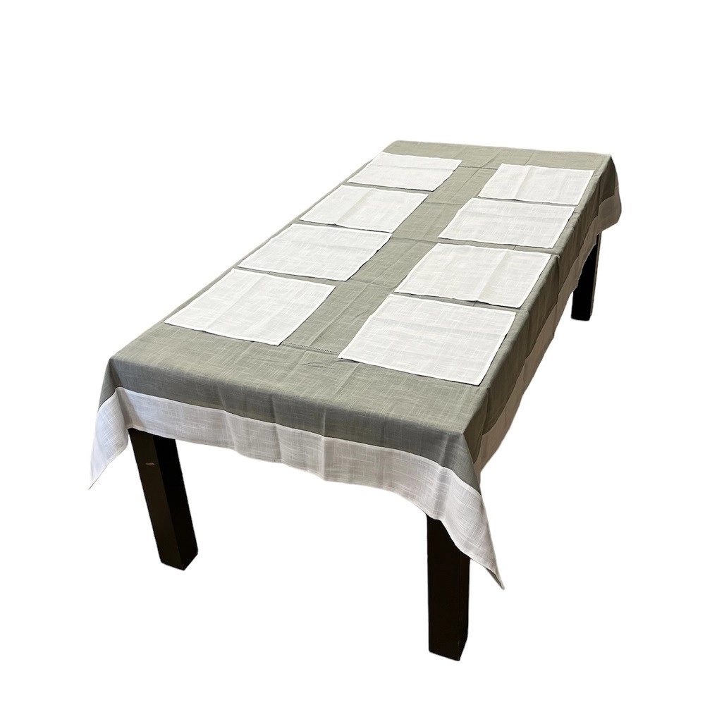 Nappe Brodée Blanc Gris - 160x250 cm + 8 serviettes assorties