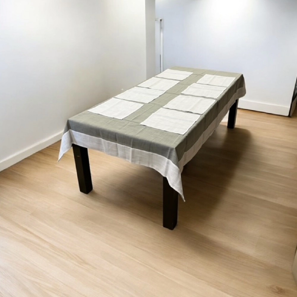 Nappe Brodée Blanc Gris - 160x250 cm + 8 serviettes assorties
