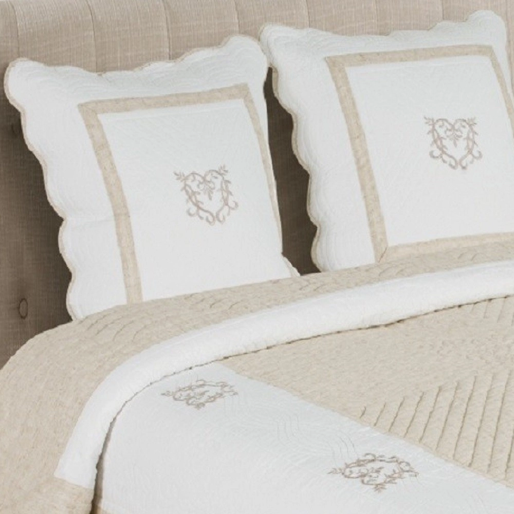 Boutis Peaceland Lin 230x250 cm - Couvre lit brodé 100 % coton pour lit 2 places + 2 taies 65x65 cm, doux et chaleureux