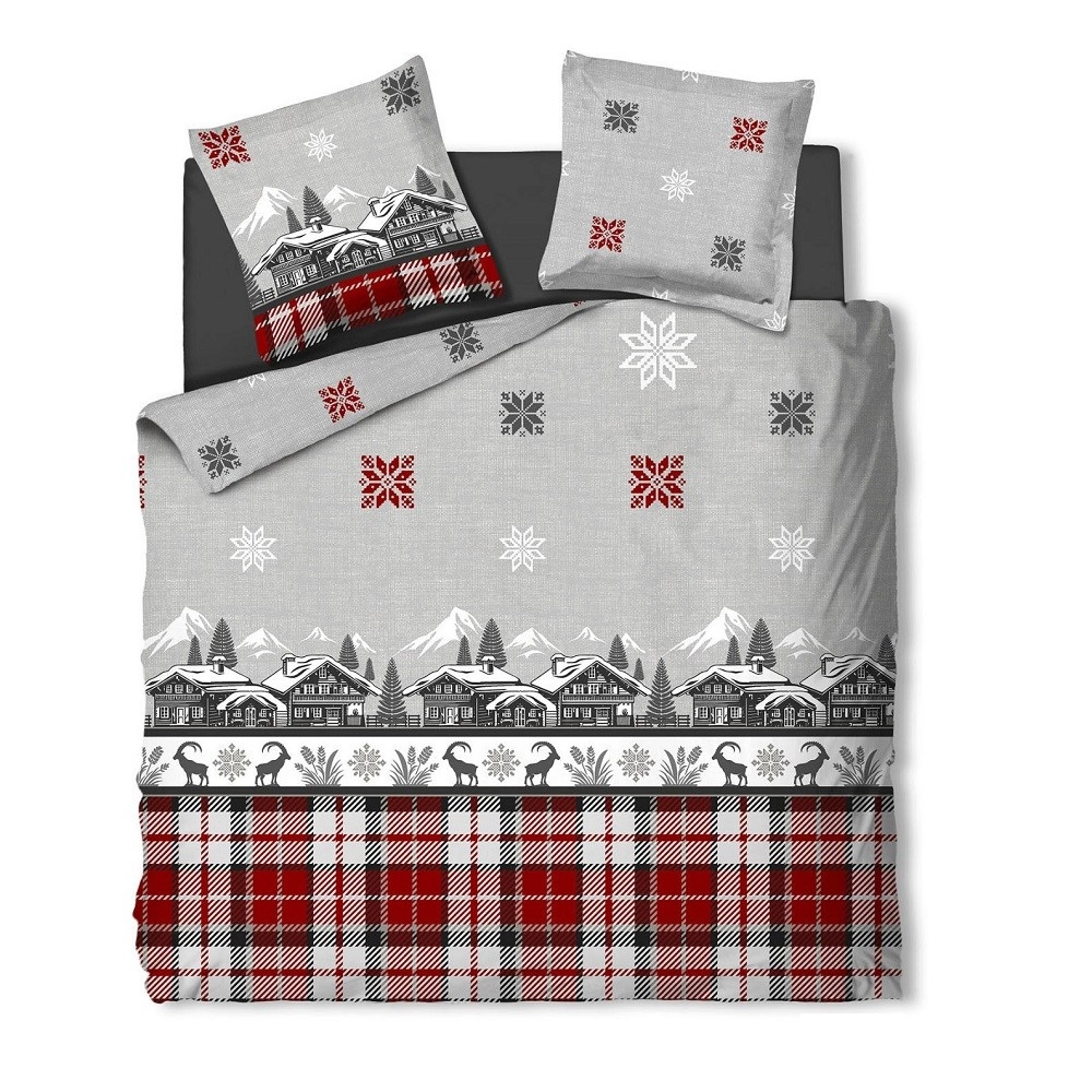 Housse de couette Chalet + taie(s) 65x65cm - 100% coton 57 fils - Grand teint, Finition rabat - Dessin exclusif