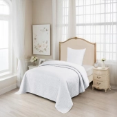 Couvre lit blanc matelassé 180x240 cm + taie 65x65 cm - Boutis élégant pour lit 1 pesonne, envoloppe percale de coton
