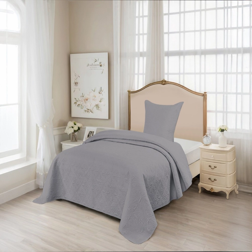 Couvre lit matelassé uni gris 180x240 cm pour lit 1 personne - Boutis avec envoloppe percale de coton + taie d’oreiller 65x65 cm