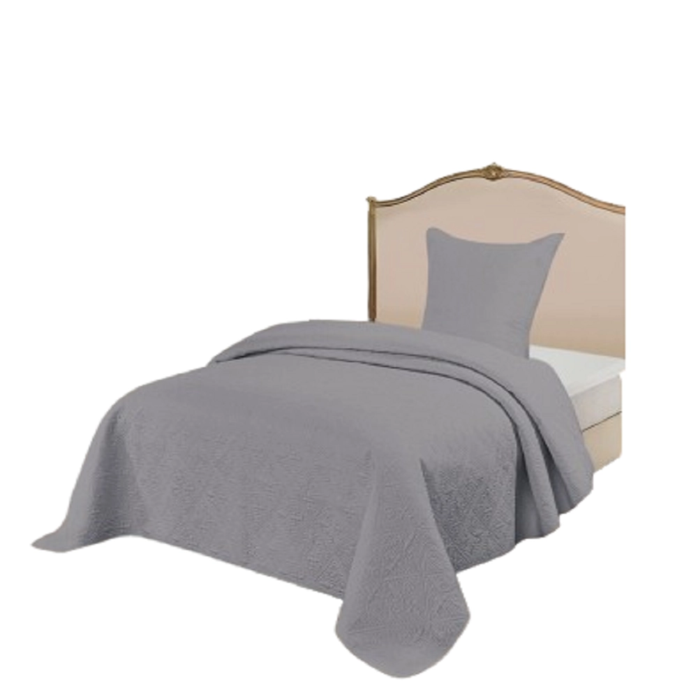 Couvre lit matelassé uni gris 180x240 cm pour lit 1 personne - Boutis avec envoloppe percale de coton + taie d’oreiller 65x65 cm