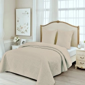 Couvre lit matelassé couleur unie Lin avec taies - Enveloppe 100 % percale de coton, boutis pour lit simple ou double