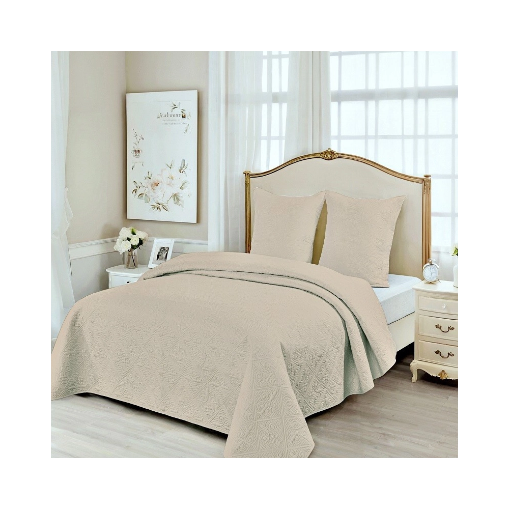 Couvre lit matelassé couleur unie Lin avec taies - Enveloppe 100 % percale de coton, boutis pour lit simple ou double