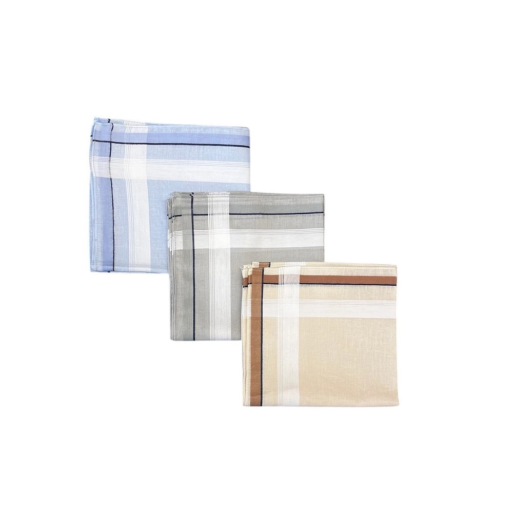 Lot de 12 Mouchoirs en tissu Beige, Gris et Bleu 100% coton 40x40 cm
