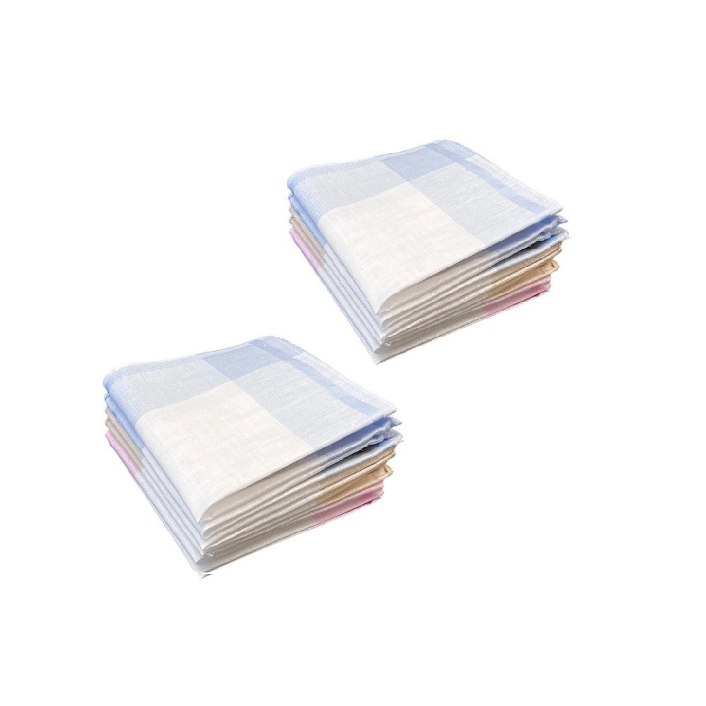 Lot de 12 Mouchoirs en tissu femme Bleu, Rose et Beige 100% coton 28x28 cm