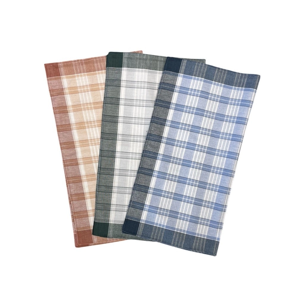 Lot de 12 mouchoirs quadrillés LUC - 100 % coton 50x50 cm - Doux, absorbants, réutilisables et colorés bleu, gris, orange