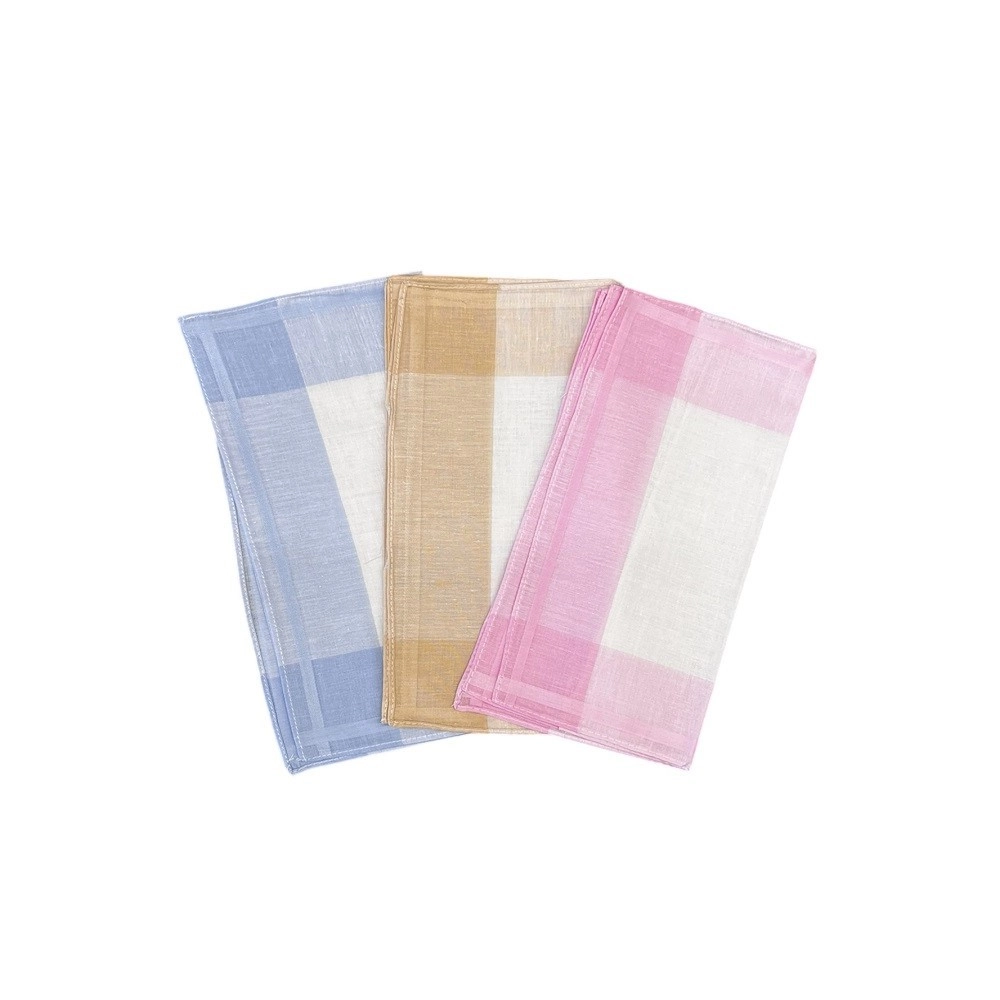 Lot de 12 Mouchoirs en tissu femme Bleu, Rose et Beige 100% coton 28x28 cm