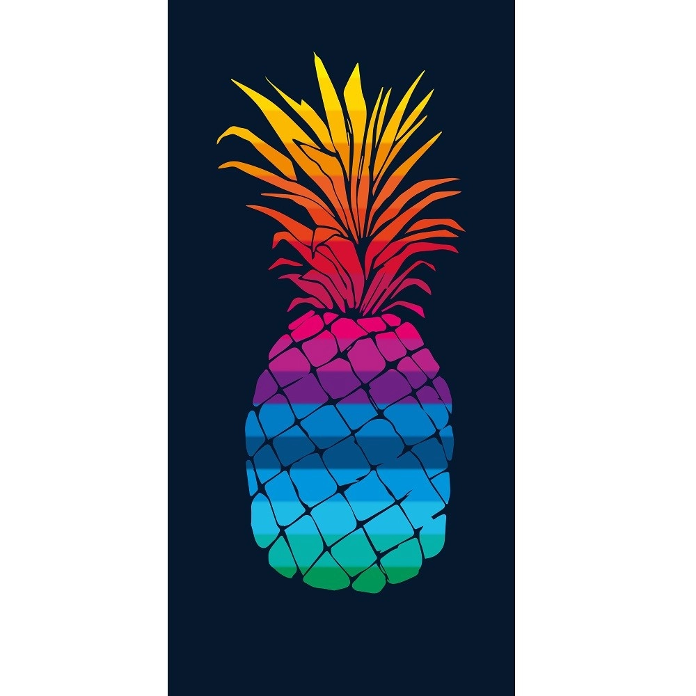 Serviette de plage XXL Ananas multicolore sur fond noir 140x180 cm - Coton jacquard, confort doux et spacieux