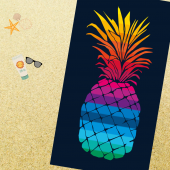 Visuel plage serviette plage ananas multicolore sur fond noir 100% coton jacquard double 140x180cm