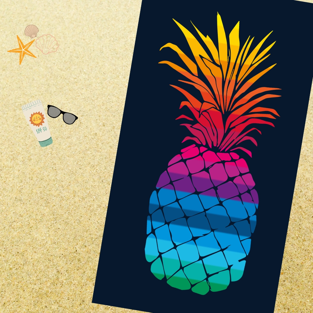 Serviette de plage XXL Ananas multicolore sur fond noir 140x180 cm - Coton jacquard, confort doux et spacieux