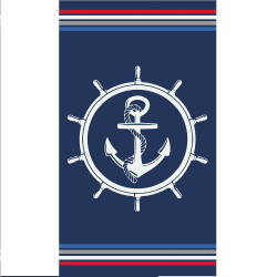 Serviette de plage bleu et blanche sur fond bleu marine 100% coton tisssage jacquard 90x170cm