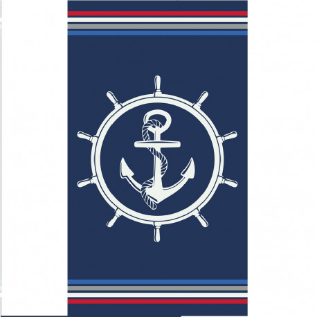 Serviette de plage bleu et blanche sur fond bleu marine 100% coton tisssage jacquard 90x170cm