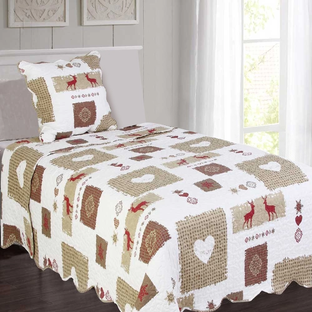 Boutis montagne Mégève 180x240 cm + taie 65x65 - Couvre lit ambiance chalet, déco cosy et qualité supérieure
