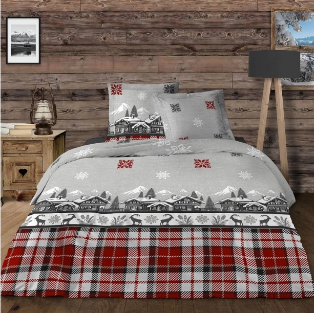 Parure de draps Chalet 100 % coton - Drap plat, drap housse et taie(s), Motifs montagne rouge et gris, Douceur et confort
