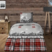 Parure de draps Chalet 100 % coton - Drap plat, drap housse et taie(s), Motifs montagne rouge et gris, Douceur et confort