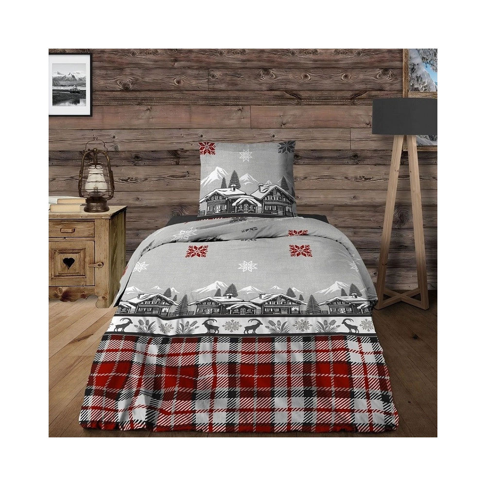 Parure de draps Chalet 100 % coton - Drap plat, drap housse et taie(s), Motifs montagne rouge et gris, Douceur et confort