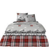 Parure de draps Chalet 100 % coton - Drap plat, drap housse et taie(s), Motifs montagne rouge et gris, Douceur et confort