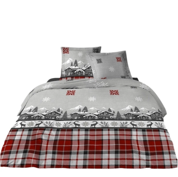 Parure de draps Chalet 100 % coton - Drap plat, drap housse et taie(s), Motifs montagne rouge et gris, Douceur et confort