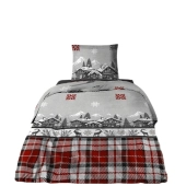 Parure de draps Chalet 100 % coton - Drap plat, drap housse et taie(s), Motifs montagne rouge et gris, Douceur et confort