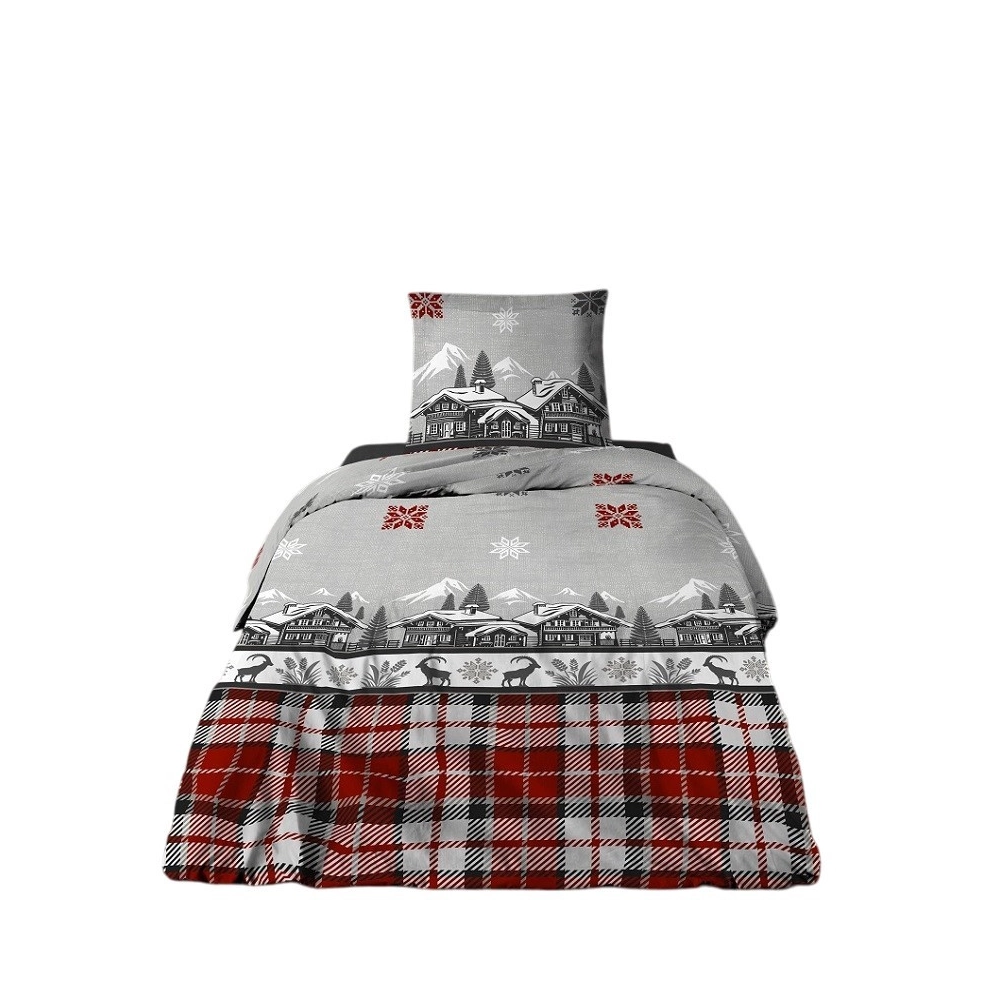 Parure de draps Chalet 100 % coton - Drap plat, drap housse et taie(s), Motifs montagne rouge et gris, Douceur et confort