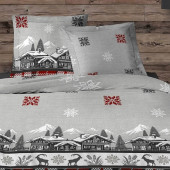 Visuel taies d'oreiller, parure de draps Chalet esprit montagne, sur fond d'ambiance