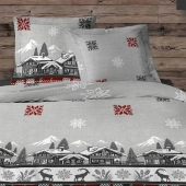 Parure de draps Chalet 100 % coton - Drap plat, drap housse et taie(s), Motifs montagne rouge et gris, Douceur et confort