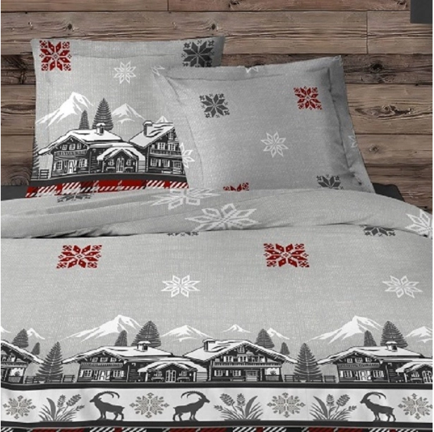 Parure de draps Chalet 100 % coton - Drap plat, drap housse et taie(s), Motifs montagne rouge et gris, Douceur et confort