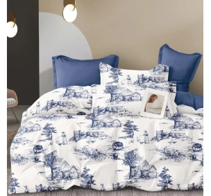 HDC percale blanche aux motifs bleu discret, visuel d'ambiance de la housse de couette réversible